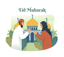 Obraz premium Muslim people greeting each other and celebrating eid mubarak