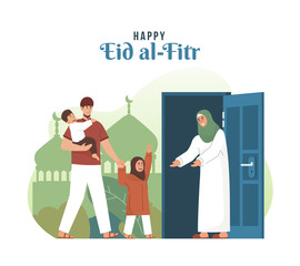 Happy muslim children with their parents. Eid mubarak flat cartoon character illustration