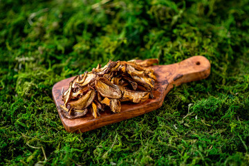 Wooden board with dried white mushroom on green grass russian cuisine