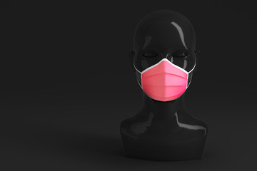 Medical concept, the concept of prohibition of freedom of speech. Women's shiny fashionable black head in a medical mask colored on a black background. 3D stock illustration.