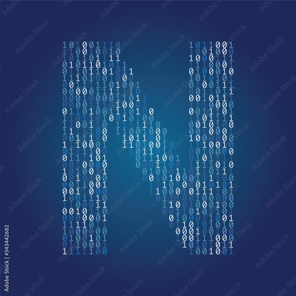 Poster Letter N font made from binary code digits on a dark blue background
