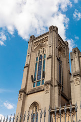Old church building in the neighborhood in Liberdade on sunny day with blue sky. Methodist cathedal in the city of Sao Paulo, Brazil