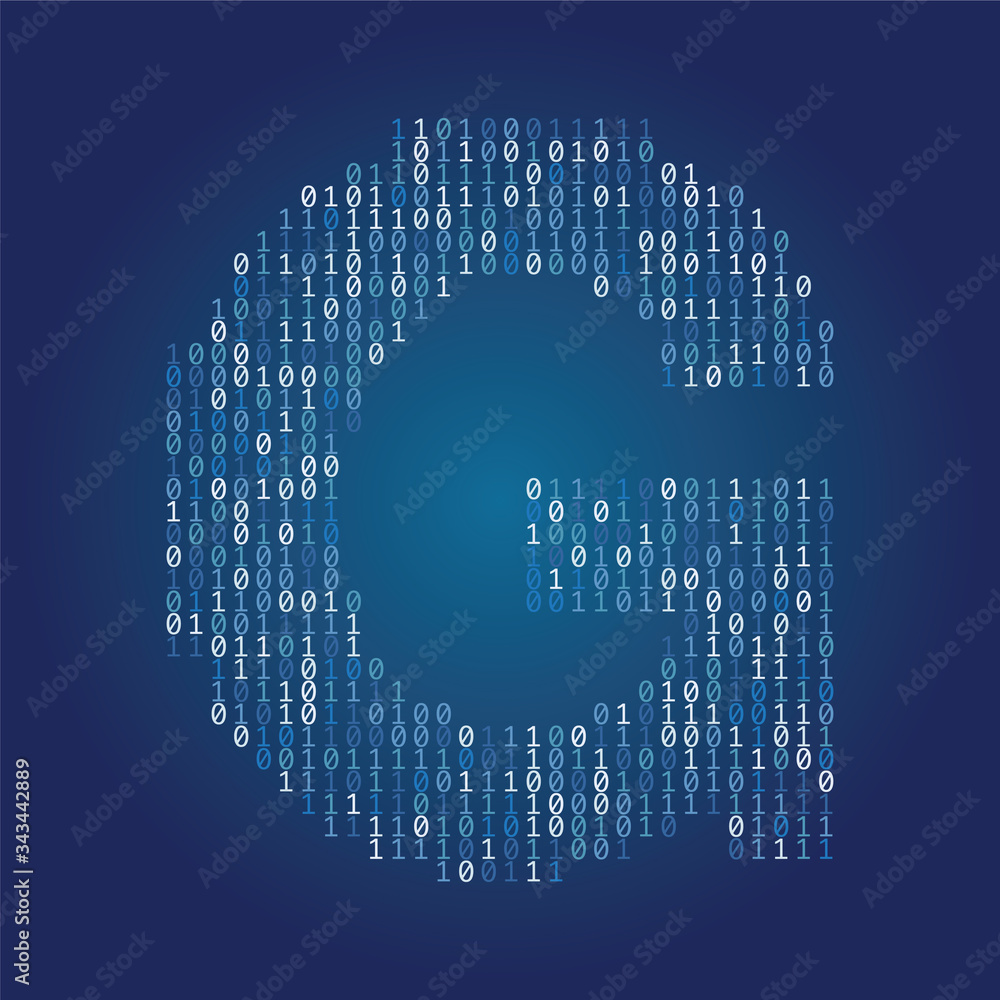 Poster Letter G font made from binary code digits on a dark blue background