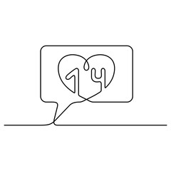 Fototapeta premium Continuous line drawing. Counter notification icon. 14 february. Valentine's day. Black isolated on white background. Hand drawn vector illustration. 
