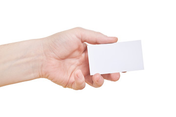 Hand holding blank paper business card, isolated on white background