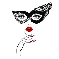 Beautiful woman face with red lips in black and red mask with floral motifs, lush eyelashes, hand with red manicure nails. Beauty Logo. Nails studio art. Vector illustration. Party carnival mask.