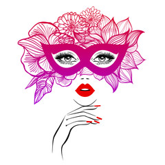 Beautiful woman face with red lips in black and red mask with floral motifs, lush eyelashes, hand with red manicure nails. Beauty Logo. Nails studio art. Vector illustration. Party carnival mask.