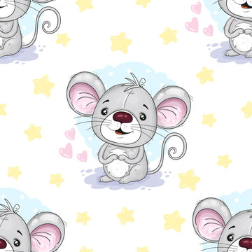 Cute seamless pattern with funny mouse. Cute Cartoon mouse. Hand drawn vector illustration with mouse cute print