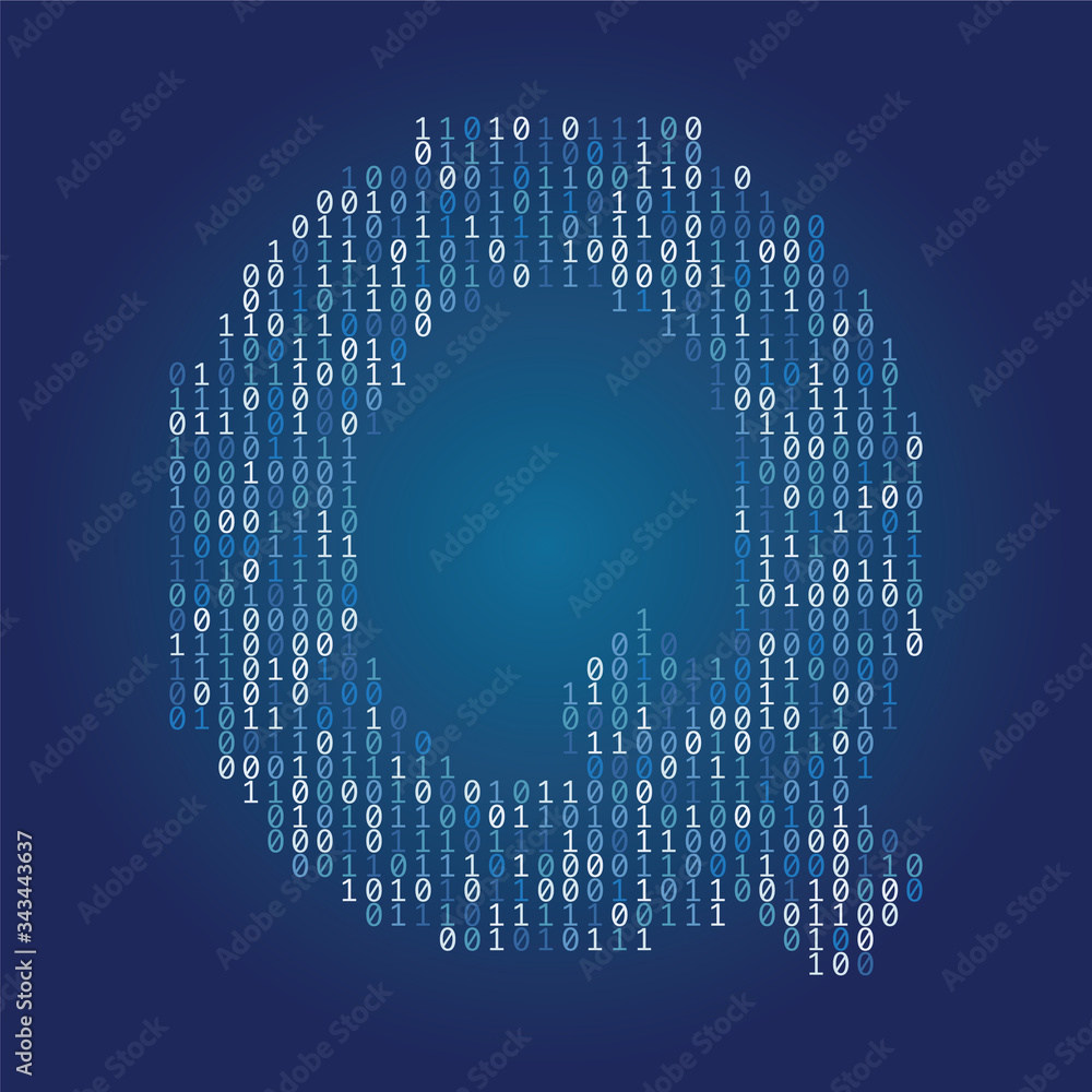 Poster letter q font made from binary code digits on a dark blue background