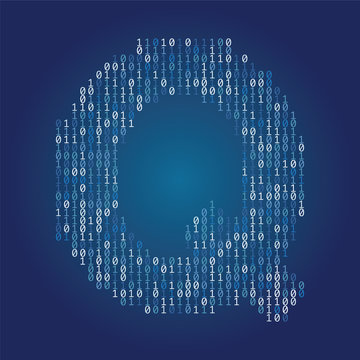 Letter Q font made from binary code digits on a dark blue background