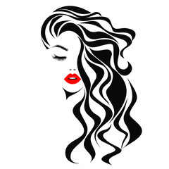 Beautiful sexy woman face, red lips, curly black hair style, fashion hairdresser, element design, spa salon. Beauty Logo. Vector illustration. Isolated on white.