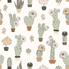 Retro seamless pattern with blossom cactuses in flowers pots. Vector floral illustration on beige background.