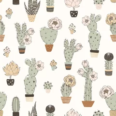 Photo sur Plexiglas Plantes en pots Modèle sans couture rétro avec des cactus en fleurs dans des pots de fleurs. Illustration florale vectorielle sur fond beige.