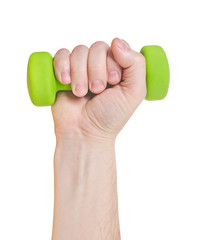 Hand hold a green dumbbell for health isolated white background. Close up.