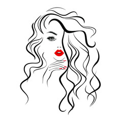 Beautiful sexy face, red lips, hand with red manicure nails, fashion woman, element design, nails studio, curly hairstyle, hair salon sign, icon. Beauty Logo. Vector illustration. Hand drawing style.