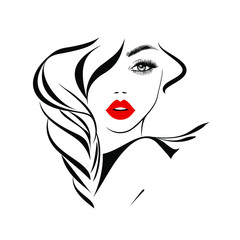 Beautiful sexy face, red lips, hand with red manicure nails, fashion woman, element design, nails studio, curly hairstyle, hair salon sign, icon. Beauty Logo. Vector illustration. Hand drawing style.