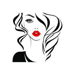 Beautiful sexy face, red lips, hand with red manicure nails, fashion woman, element design, nails studio, curly hairstyle, hair salon sign, icon. Beauty Logo. Vector illustration. Hand drawing style.