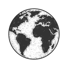 planet Earth globe sketch engraving vector illustration. T-shirt apparel print design. Scratch board imitation. Black and white hand drawn image.