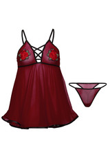 Subject shot of a burgundy lingerie set composed of mesh thongs and a loose negligee with a chest tying and embroidered red roses on the bra cups. The photo is made on the white background.