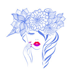 Beautiful woman face red lips, hand with red manicure nails. Beauty Logo. Vector illustration, diadem flowers, floral motive, abstract flowers, spa salon, sign, symbol, nails studio.