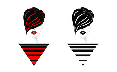 Beautiful fashion woman face with red and black lips, lush eyelashes, short black hairdresser with red strands of hair, abstract dress with white red black stripes. Beauty Logo. Vector illustration