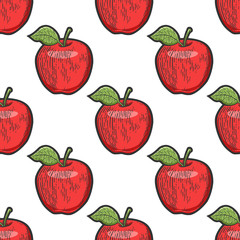 Apple fruit color seamless pattern background sketch engraving vector illustration. T-shirt apparel print design. Scratch board imitation. Black and white hand drawn image.
