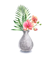 Watercolor stone vase with flowers. Tropical bouquet with palm leaves and orchid branch. Floral interior decoration. Realistic illustration isolated on white background