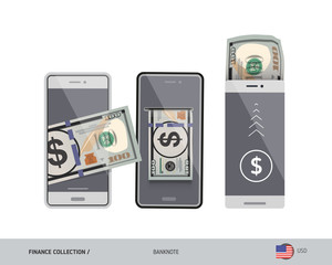 Mobile wallet, online money transfer with 100 US Dollar banknote. Flat style vector illustration.