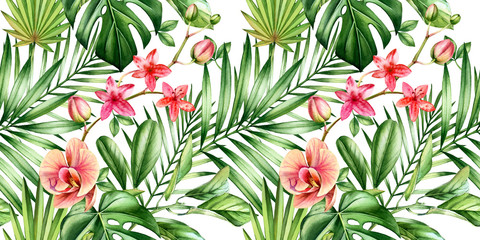 Watercolor tropical seamless pattern. Orchid flowers and palm leaves, monstera, coconut isolated on white. Botanical hand drawn floral background for surface, textile, wallpaper design - 343447696
