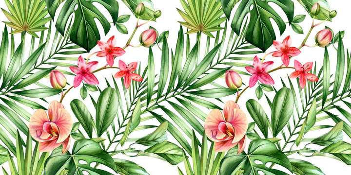 Watercolor tropical seamless pattern. Orchid flowers and palm leaves, monstera, coconut isolated on white. Botanical hand drawn floral background for surface, textile, wallpaper design