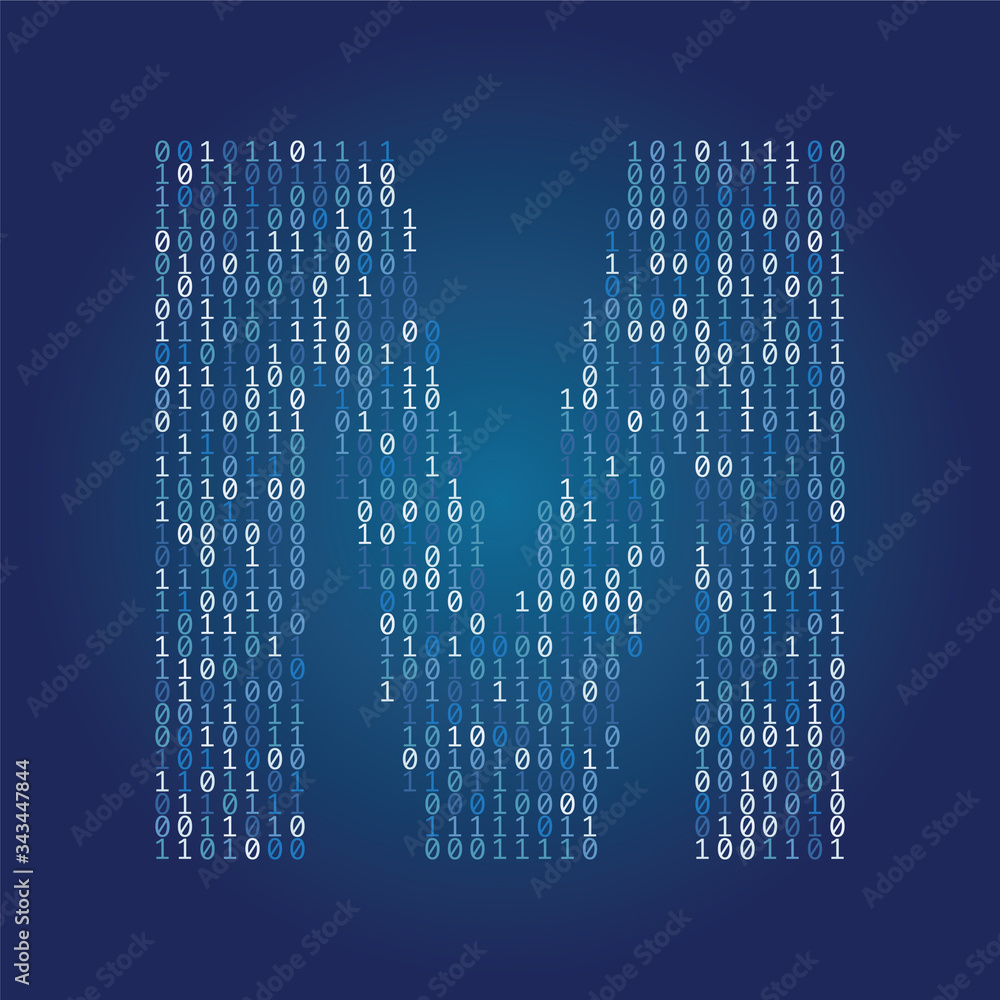 Poster Letter M font made from binary code digits on a dark blue background