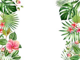 Watercolor floral background. Horizontal frame with place for text. Floral borders on the sides. Red orchid flowers and palm, monstera leaves. Botanical tropical illustrations isolated on white