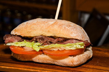 Sandwiches display during fast food festival outdoor event.