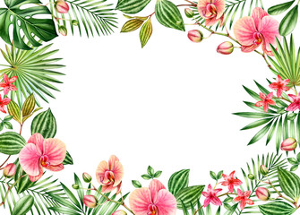 Fototapeta na wymiar Watercolor floral background. Horizontal frame with place for text. Orange orchid flowers and palm leaves. Hand painted tropical banner. Botanical illustrations isolated on white