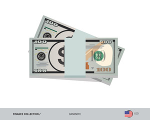 100 US Dollar banknotes. A bundle of money. Flat style vector illustration.