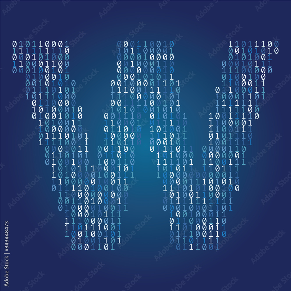 Poster letter w font made from binary code digits on a dark blue background