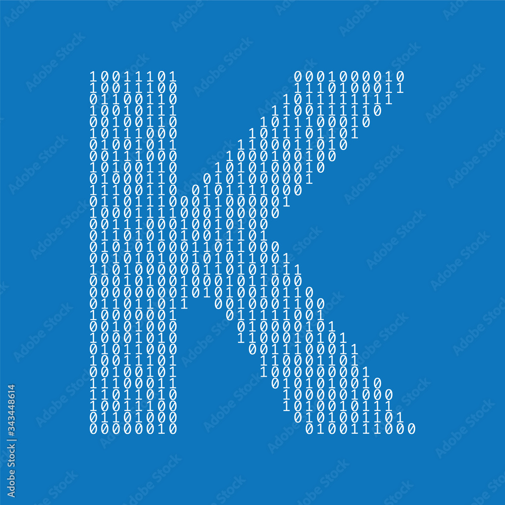 Poster letter k made from binary code digits. technology background