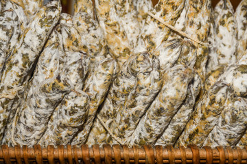 Sausages on Borough market in London.