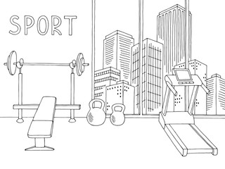 Gym interior sport club graphic black white sketch illustration vector