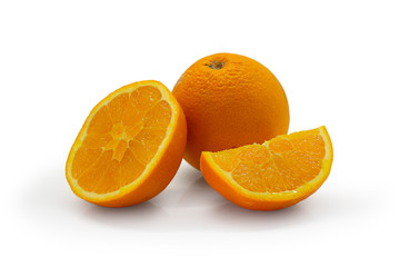 Fresh orange and slices isolated on white