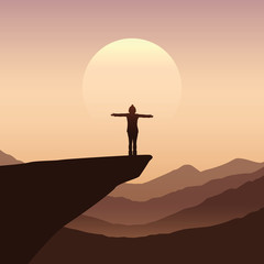 girl with raised arms on a cliff silhouette with mountain background vector illustration EPS10