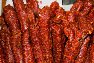 Sausages on Borough market in London.