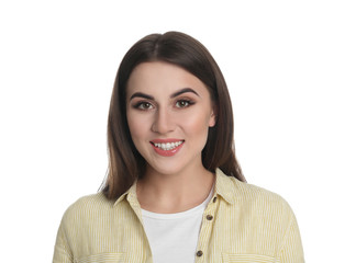 Portrait of happy young woman on white background