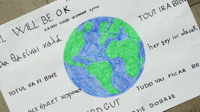 Rotating paper with drawing of colorful world and writings anti covid19
