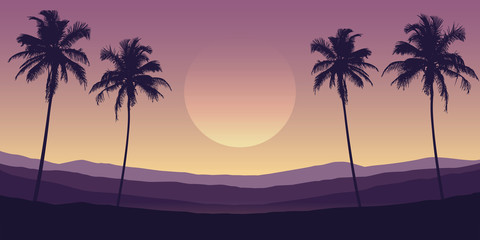 Obraz na płótnie Canvas beautiful palm tree silhouette mountain landscape in purple colors vector illustration EPS10