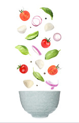 Mozzarella cheese, tomatoes, onion and basil leaves falling into bowl on white background