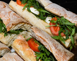 Sandwiches display during fast food festival outdoor event.