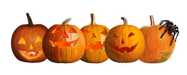 Set of halloween pumpkin head jack lanterns on white background. Banner design