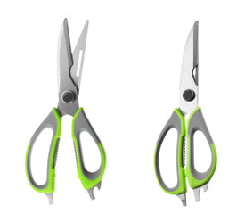 Sharp scissors on white background, top view