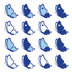 Set of pretty blue butterflies with hearts isolated on a white background. Side view of a butterfly silhouette is perfect for wedding invitations, logo and gift vouchers